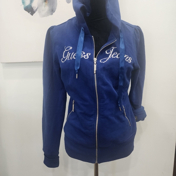 [ Guess Jeans]Royal blue,CUTEST, ZIP UP, HOODED JACKET W/ LACE TIES & RHINESTONE - Picture 15 of 16